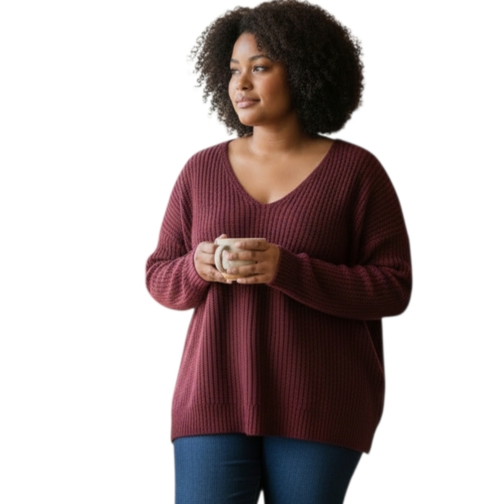 Fashion Nova Deep Burgundy V-Neck Sweater SZ.3X EUC.